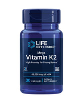 Life Extension Mega Vitamin K2 bottle displays the 45 mg dosage for bone support.