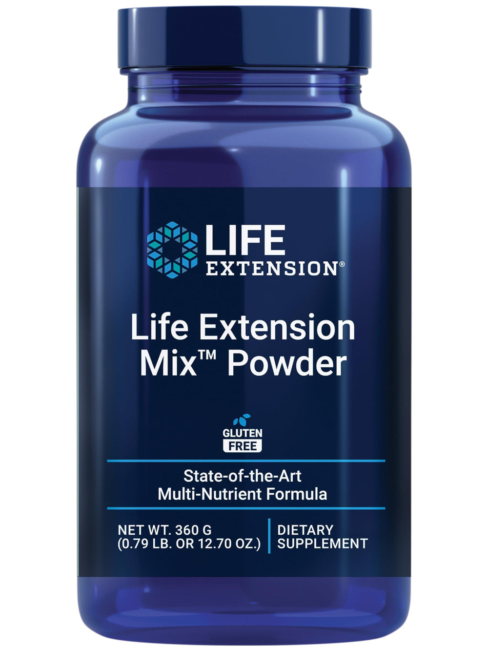 Life Extension Mix Powder bottle close-up for daily nutrition.