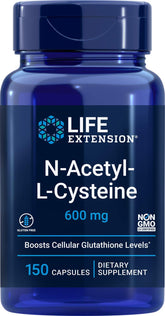 Life Extension NAC 600mg bottle on a clean counter, signaling antioxidant support.