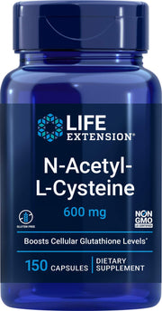 Life Extension NAC 600mg bottle on a clean counter, signaling antioxidant support.