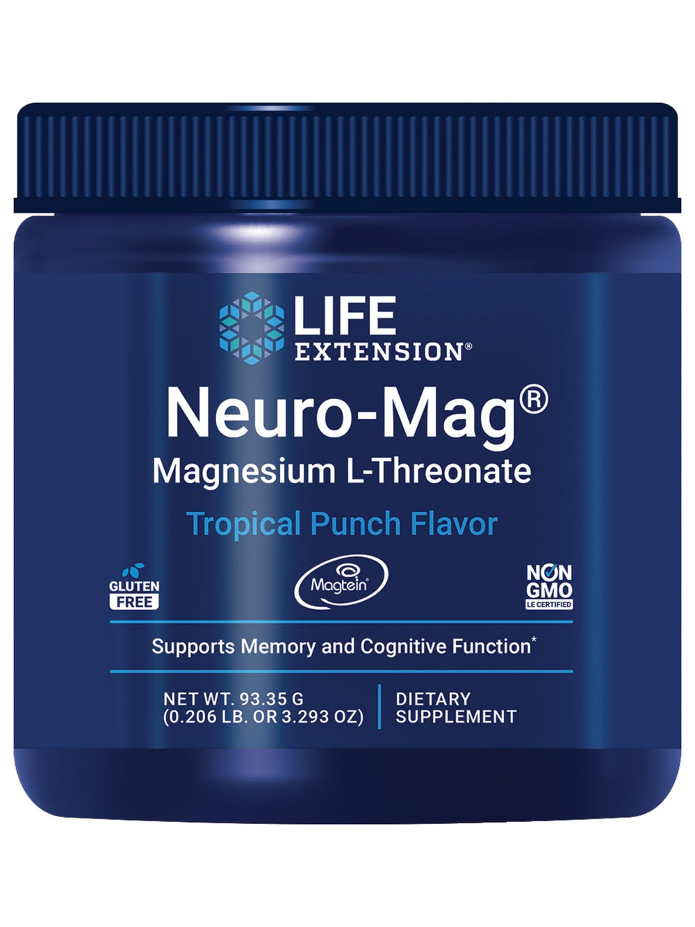 Life Extension Neuro-Mag Tropical Punch bottle shown as a convenient magnesium source for daily focus.