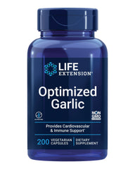 Life Extension Optimized Garlic bottle displaying 200 vegetarian capsules for immune support.