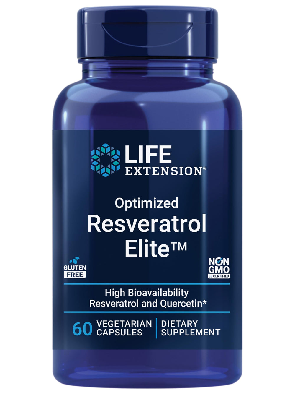 Life Extension Optimized Resveratrol Elite bottle front highlights a premium formula for potential healthy aging.