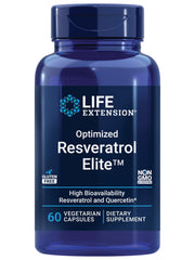 Life Extension Optimized Resveratrol Elite bottle front highlights a premium formula for potential healthy aging.