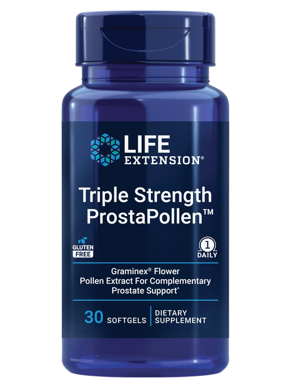 Life Extension ProstaPollen bottle displaying gluten-free prostate health supplement.