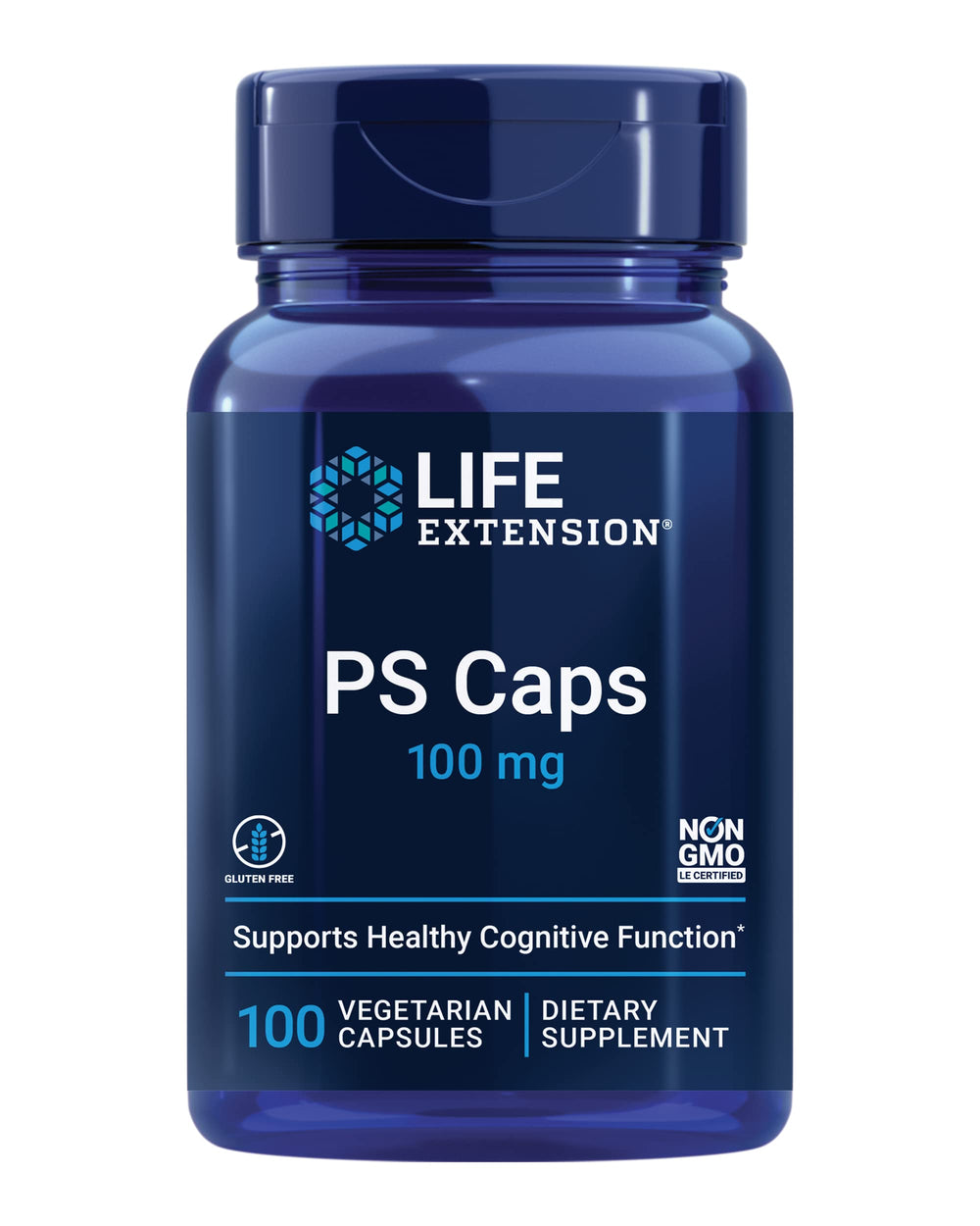 Life Extension PS Caps bottle showing 100 mg phosphatidylserine per capsule for cognitive support.