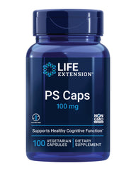 Life Extension PS Caps bottle showing 100 mg phosphatidylserine per capsule for cognitive support.