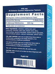Life Extension SAMe bottle closeup highlights enteric-coated tablets for gentle absorption.