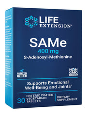 Life Extension SAMe mood tablets bottle shows balanced mood support and daily wellness.