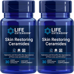 Life Extension Skin Restoring Ceramides bottle front showing two 30-cap bottles for daily hydration support