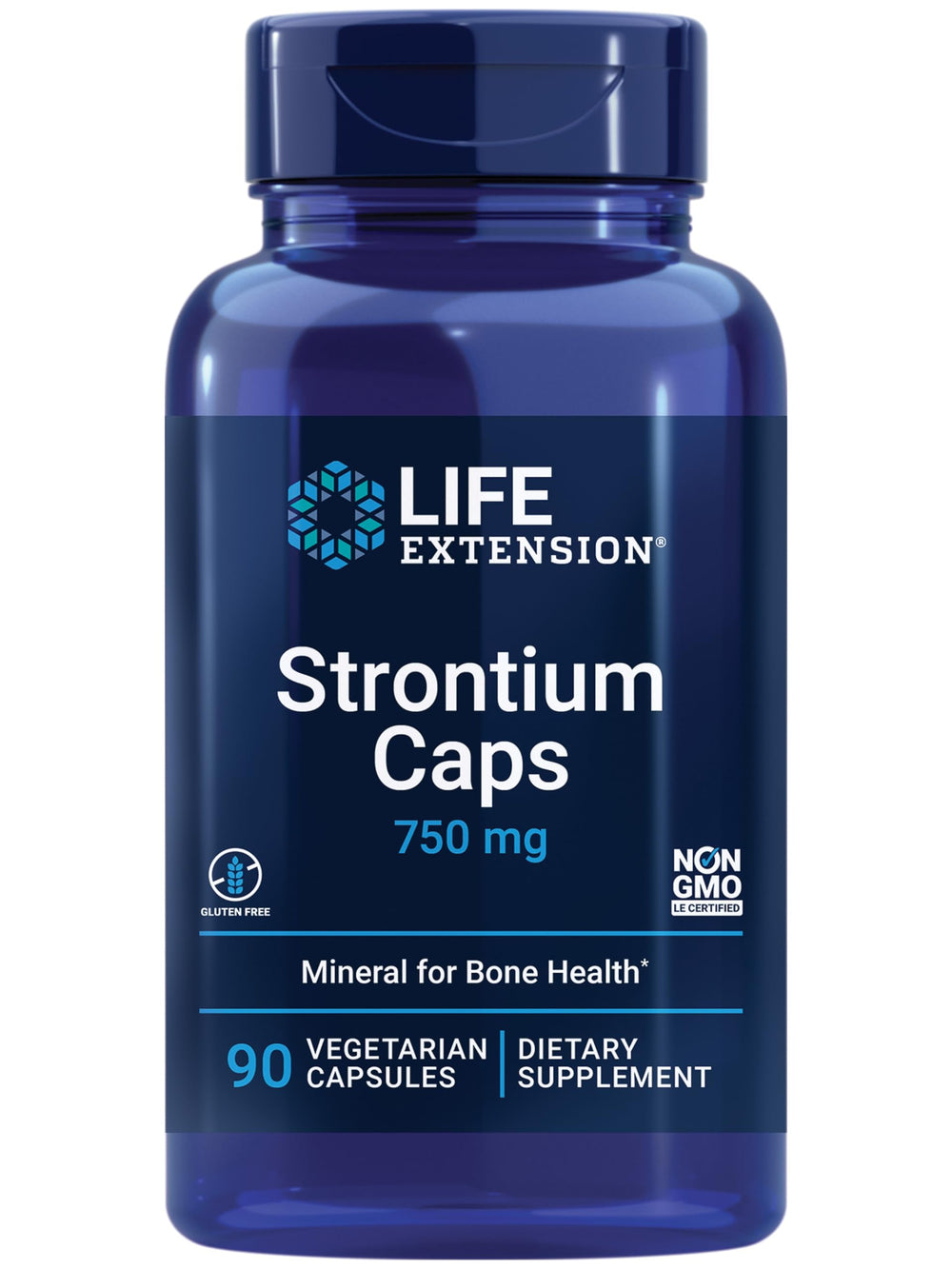 Life Extension Strontium Caps bottle front highlights bone health support potential.