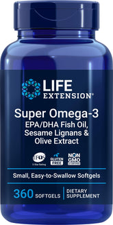 Life Extension Super Omega-3 360 softgels bottle highlights easy swallowing and premium fish oil.