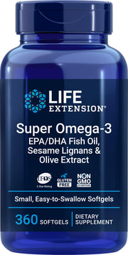 Life Extension Super Omega-3 360 softgels bottle highlights easy swallowing and premium fish oil.