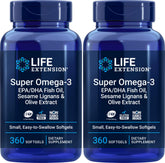 Life Extension Super Omega-3 softgels closeup; easy-to-swallow capsules.
