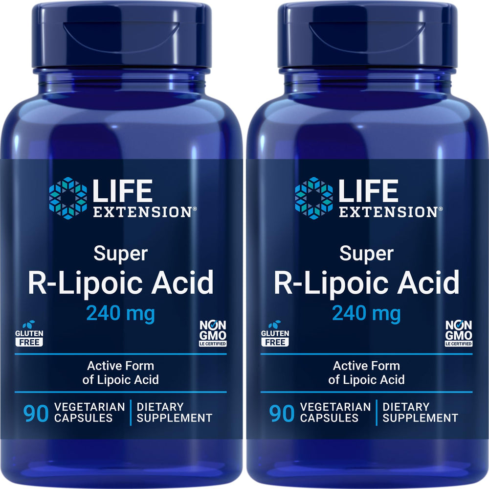 Life Extension Super R-Lipoic Acid 240 mg bottle on table for daily energy support.