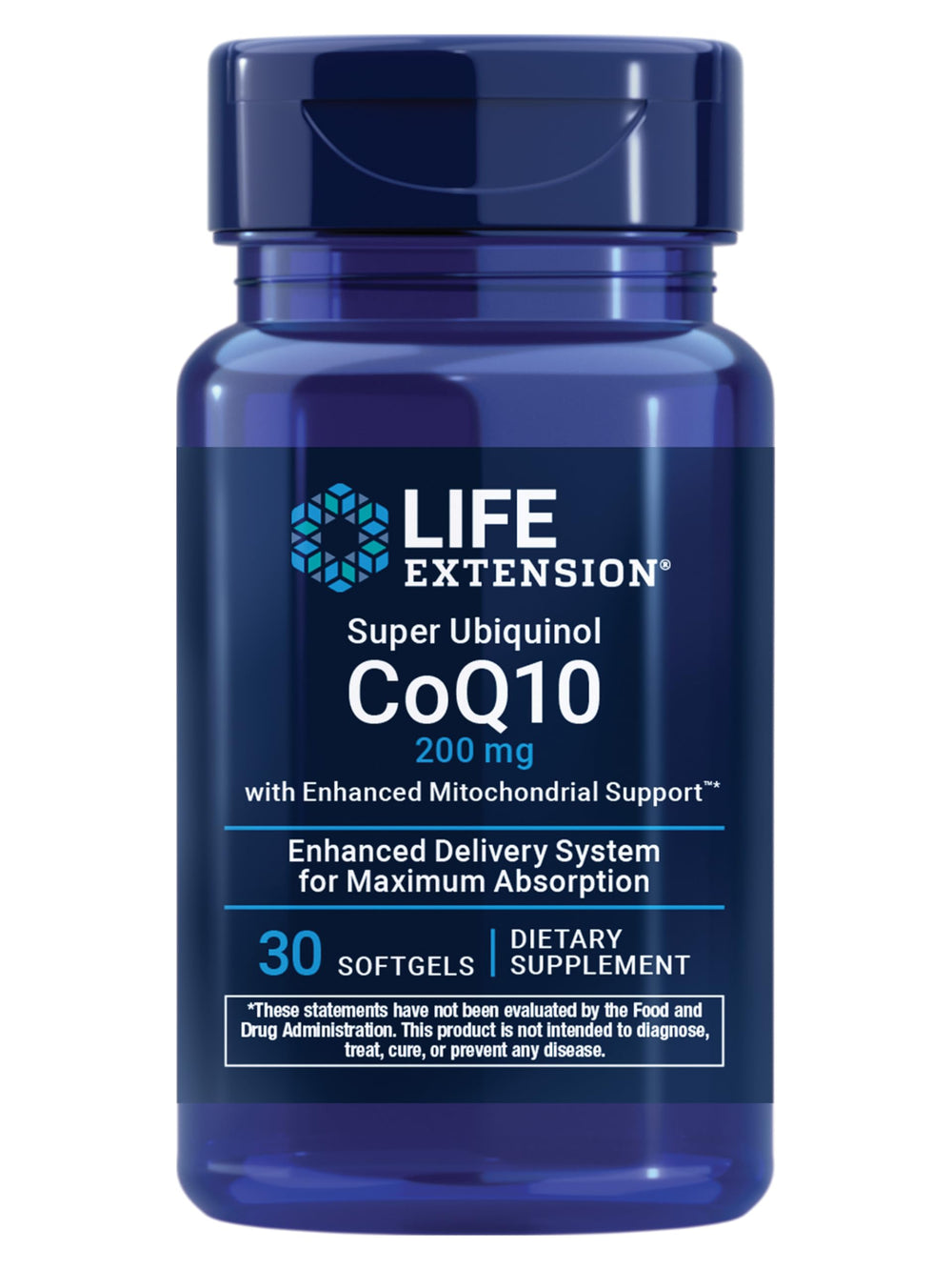 Life Extension Super Ubiquinol bottle showing the glossy label and premium packaging for heart support.