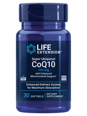 Life Extension bottle of Super Ubiquinol CoQ10 showing enhanced absorption benefits.