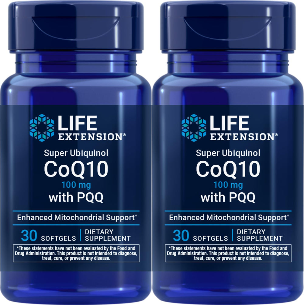 Life Extension Super Ubiquinol CoQ10 with PQQ two-bottle pack front view energy support potential