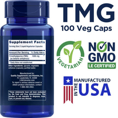 Life Extension TMG bottle pour showing 1000 mg per serving for daily use.