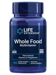 Life Extension Whole Food Multivitamin bottle front, gluten-free and plant-based daily support.