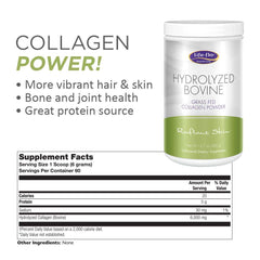 Life-Flo collagen powder tub shows simple unflavored mixing for hot or cold drinks