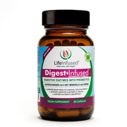 Life Infused Digestive Enzymes bottle close-up, high-potency enzymes for digestive support