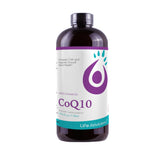 Life Solutions Liquid CoQ10 bottle close-up showing a dropper for easy daily dosing and energy support.