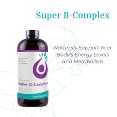 Closeup of Life Solutions Liquid Super B-Complex label highlighting energy support