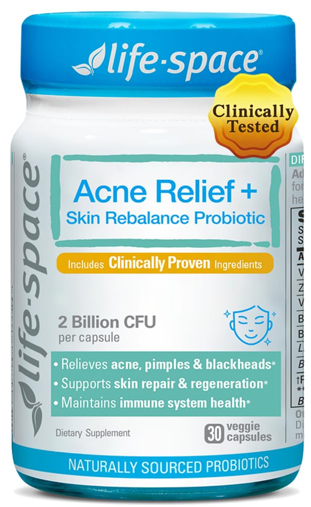 Life-Space Acne Relief bottle close-up showing potential for clearer skin