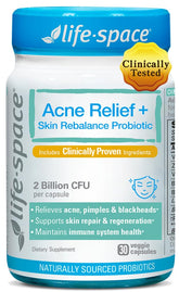 Life-Space Acne Relief bottle close-up showing potential for clearer skin