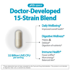 Life-Space 15-strains graphic emphasizes diverse probiotic blend for daily wellness