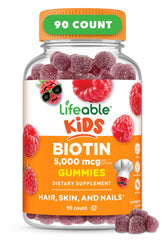 Lifeable Kids Biotin Gummies raspberry bottle for daily hair, skin and nails support.
