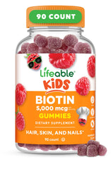 Lifeable Kids Biotin Gummies raspberry bottle for daily hair, skin and nails support.