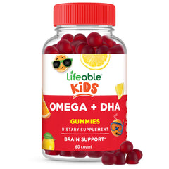 Lifeable Kids Omega 3 Gummies bottle front highlighting vegan DHA for growing minds.