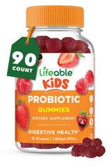 Lifeable Kids Probiotics Gummies bottle highlighting raspberry flavor and daily dose.