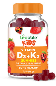 Lifeable Kids D3 K2 Gummies bottle highlights bone support and immune-friendly nutrition.