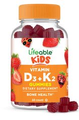 Lifeable Kids D3 K2 Gummies bottle highlights bone support and immune-friendly nutrition.