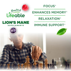 Lifeable Lions Mane Gummies vegan, kosher, non-GMO label emphasizes allergen friendliness.