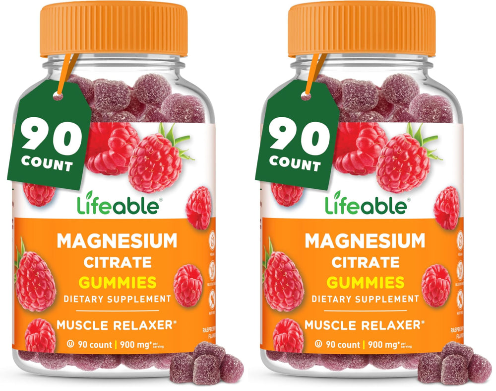 Lifeable Magnesium Gummies bottle front shows vegan raspberry flavor for daily wellness