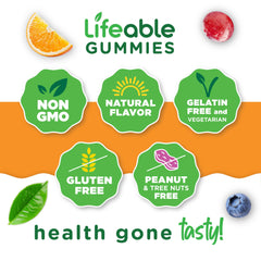 Lifeable Vitamin D Gummies vegetarian/non-GMO seal close-up, suitable for vegetarians.