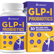 Lifeatlas GLP-I Probiotic bottle close-up highlighting 30B Akkermansia for daily support.