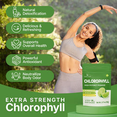 Close-up of Lifebooil Chlorophyll Powder in a glass for a green energy vibe