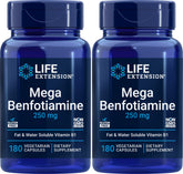 Life Extension Mega Benfotiamine 250 mg bottle highlighting high-dose B1 supplement.