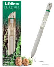 Lifelines Pen Diffuser exterior view with Walk in the Woods scent enhances writing ambience.