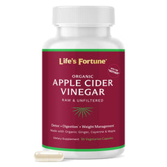 Life's Fortune ACV capsules bottle label highlights convenient digestion support.