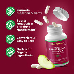 Life's Fortune ACV capsules label closeup showing natural ingredients