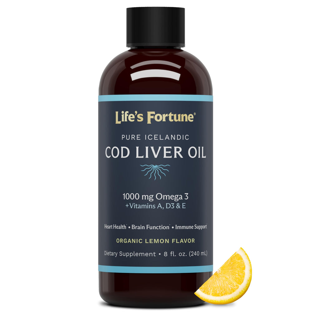 Life's Fortune cod liver oil lemon bottle showcases a pure omega-3 supplement for daily immune support