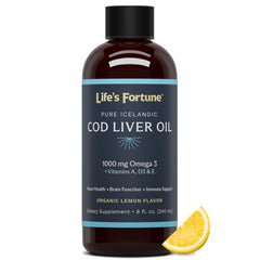 Life's Fortune cod liver oil lemon bottle showcases a pure omega-3 supplement for daily immune support