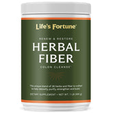 Life's Fortune Herbal Fiber Powder tub label highlights the 36-herb blend for digestive wellness.