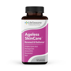 LifeSeasons Ageless Skincare bottle pouring capsules for daily antioxidant support.